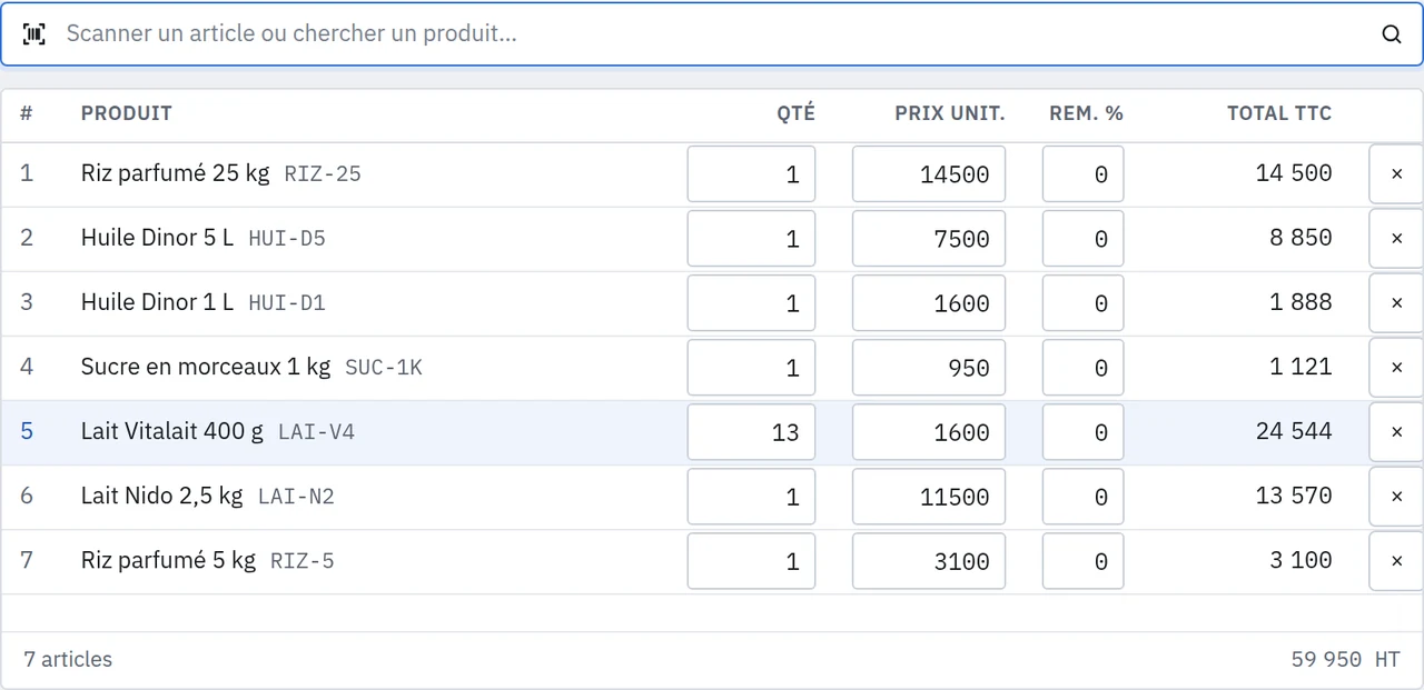 Ticket de caisse StockSys : sept articles scannés, quantités et prix unitaires modifiables, total en bas de l'écran.